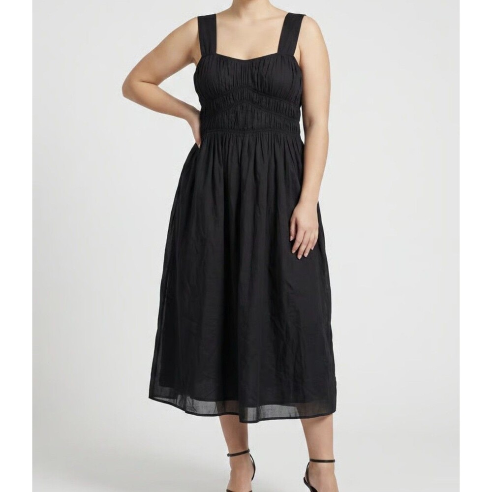 Burberry London Black Smocked Shirred Midi Tank Dress 14 Textured Quiet Luxury